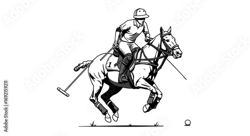 A polo player rides a horse mallets raised approaching a ball on a grassy field