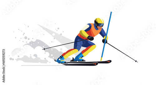A skier is in motion skiing downhill