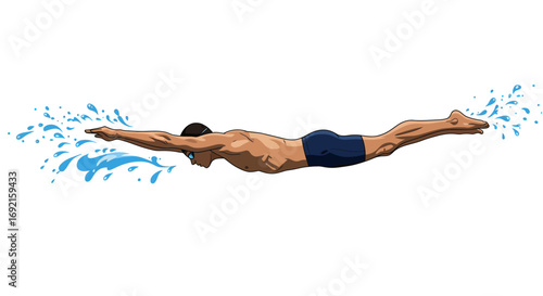 An animated figure of a swimmer propels through water generating splashes at their extremities