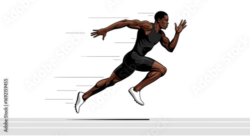 An athlete sprints forward depicted midstride with motion lines