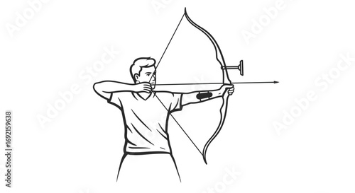Blackandwhite image of an archer aiming a drawn bow and arrow