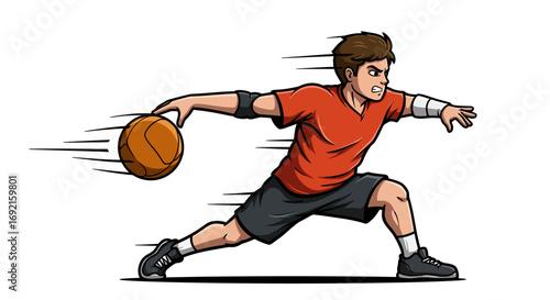 Cartoon man dribbles a basketball depicted in motion with speed lines