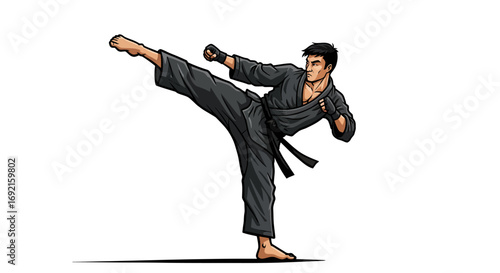 Cartoon man in black martial arts uniform doing a kick on a white background