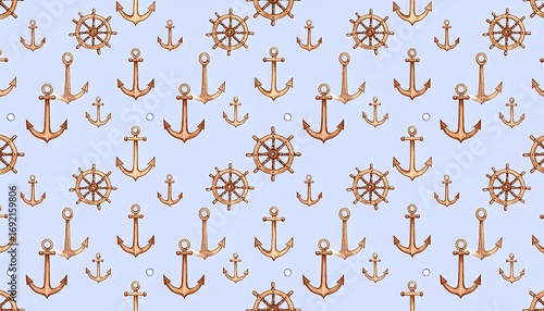 Nautical pattern of anchors and steering wheels