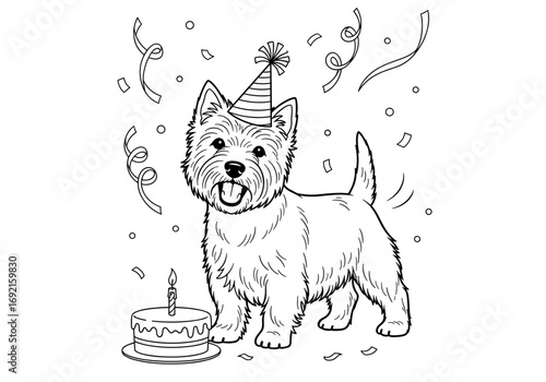 West Highland White Terrier celebrating birthday with party hat and cake in festive atmosphere