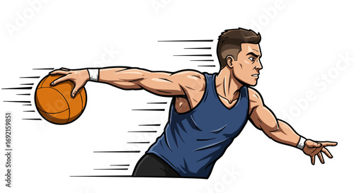 Cartoon man in blue tank dribbling basketball with motion lines