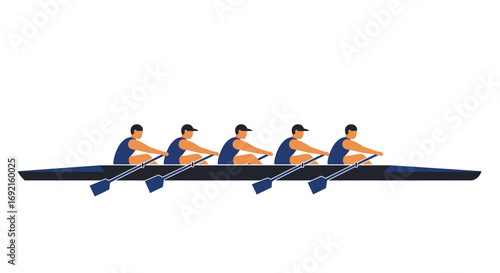 Five rowers in a dark blue boat are rowing with oars wearing dark caps and singlets against a white background