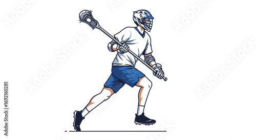 Lacrosse player helmeted figure sprints stick ready in blue shorts and white tee