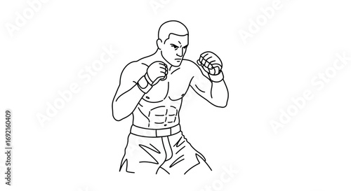 Muscular shirtless boxer wearing gloves  shorts with clenched fists looking determined Line art
