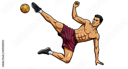 Muscular man kicks Sepak Takraw ball in midair with acrobatic pose facing right one arm raised