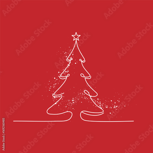 Christmas tree line art on red background.