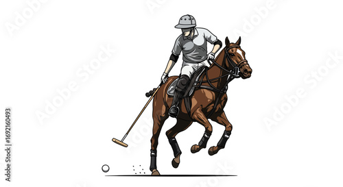 Polo player on a horse hitting a ball with a mallet