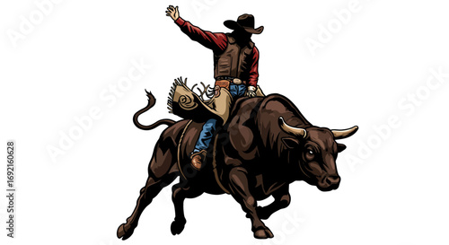 Rodeo cowboy riding a brown bull with his arm up