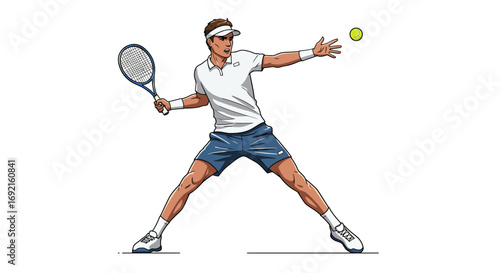 Tennis player preparing to serve visor on head tennis ball in the air tennis racket in hand