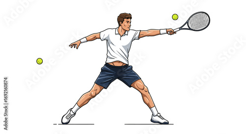 Tennis player with racket poised to hit a yellow tennis ball