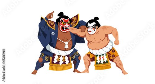 Two sumo wrestlers in ornate outfits  masks are facing off one raising a finger
