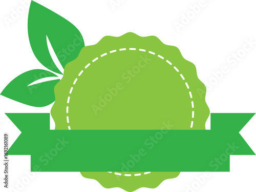 Green leaf accentuates blank label featuring ribbon, perfect for ecofriendly designs, transparent background