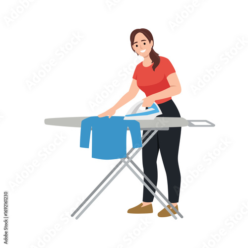 Woman Ironing Clothes on Ironing Board. Flat vector illustration isolated on white background