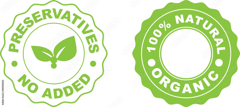 Εκτύπωση καμβά Two green labels display no preservatives added and one hundred percent natural