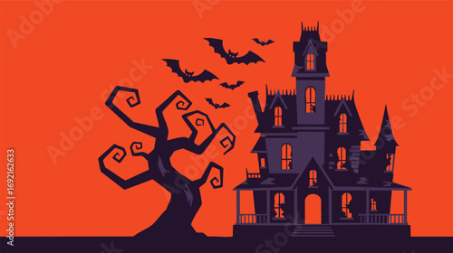 Spooky Haunted House with Bats and Gnarled Tree