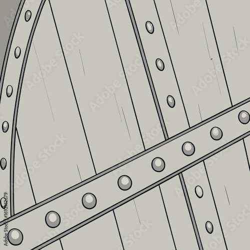Gray cartoonish wooden door is reinforced with metal straps and circular rivets around its border