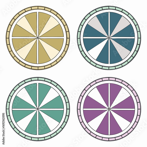 Assorted round emblems display alternating color sectors with segmented borders and central division over transparent backdrop
