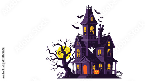 Spooky haunted mansion with bats and a ghost on Halloween night