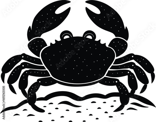 Black Silhouette of a Crab on Sand with Waves Illustration on white background