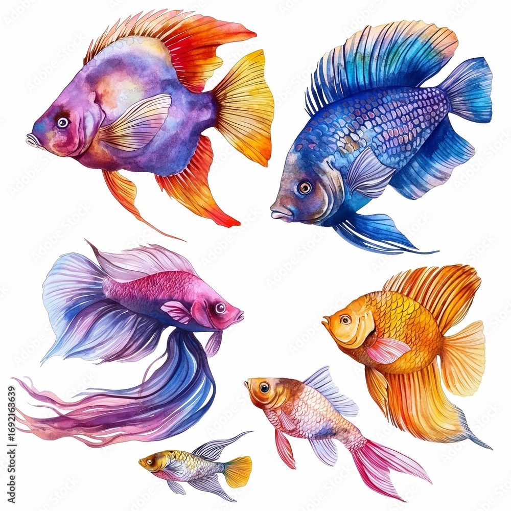 Fototapeta premium Watercolor fish on white background, hand drawn watercolor clip art.
