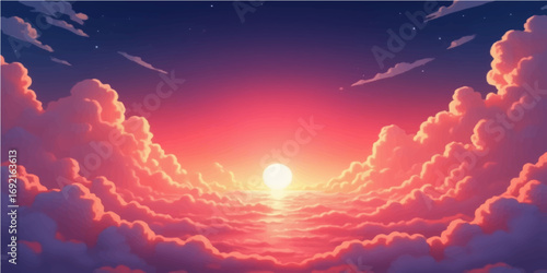 Beautifully lit by the setting sun, a dramatic red heart-shaped cloud floats in the deep blue evening sky
