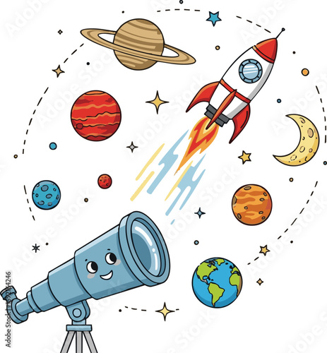 create Discovering outer space with rockets, planets, and telescopes white background