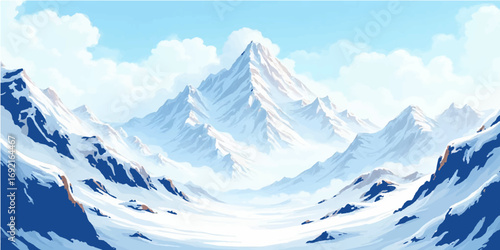 High snowy mountain peaks of the Alps with a blue winter sky and a panoramic view of the cold glacier landscape