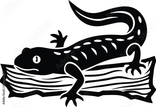 Black and White Silhouette of a Salamander on a Wood Pile on white background