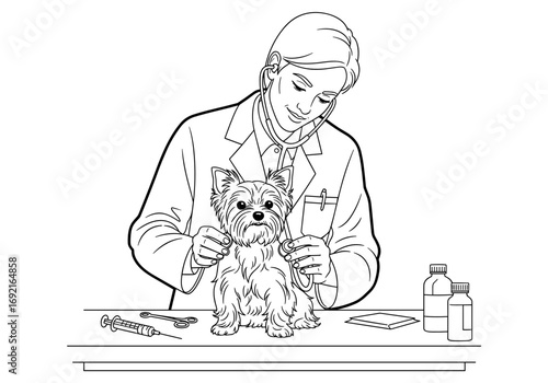 Veterinarian administering vaccination to Yorkshire Terrier dog in a clinic setting