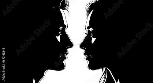 Intimate black and white silhouette of a couple facing each other closely.