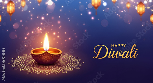 Happy Diwali Deepavali diya lamp with glowing flame and mandala decoration festive lights golden sparkle Durga Puja Navratri Hindu festival background greeting card design cultural holiday artwork 