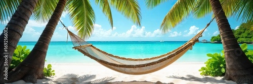 Empty, sun-drenched hammock sways gently in the tropical breeze, overlooking a pristine white sand beach and turquoise ocean Paradise found Relaxation, escape, vacation , warmth, vacation
