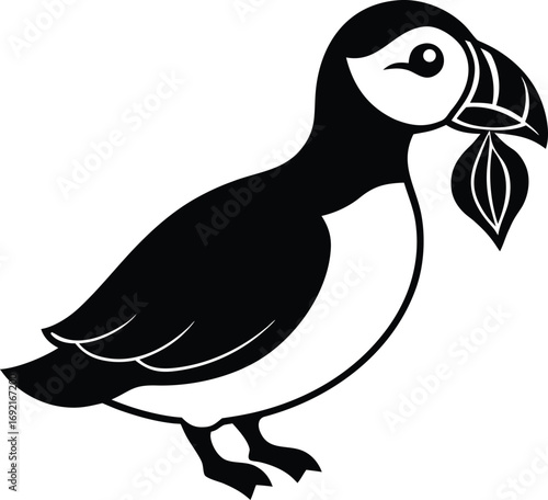 Black and white puffin illustration with fish in its beak simple design on white background