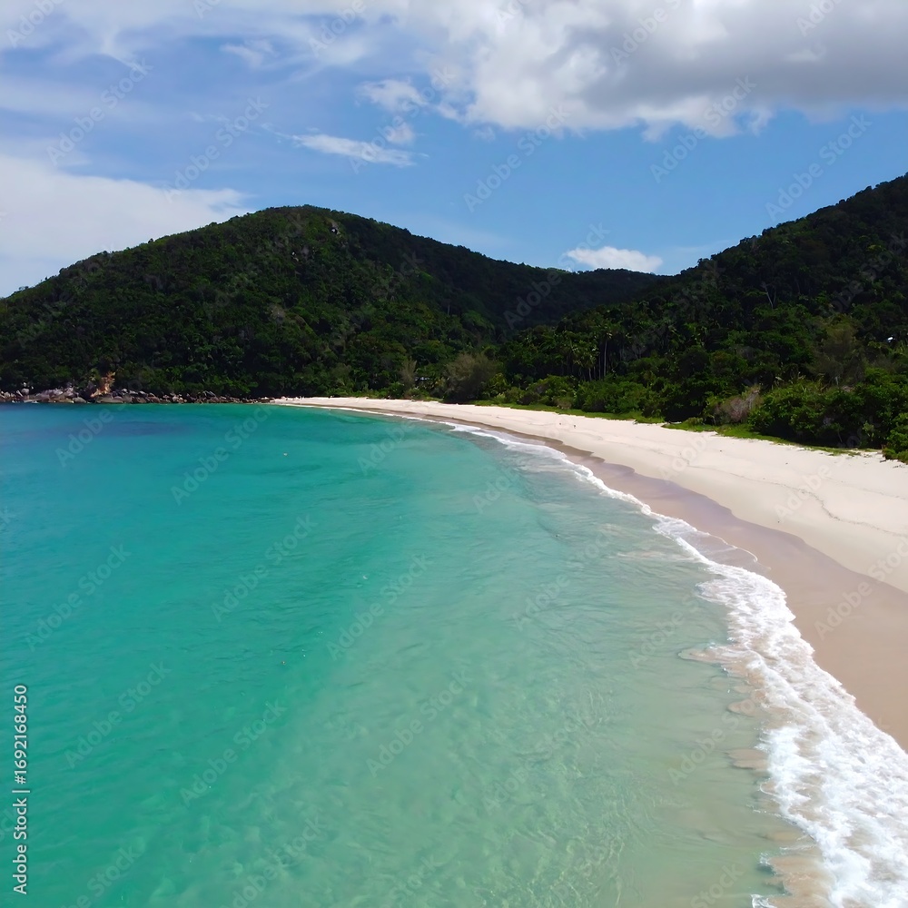 Fototapeta premium Pristine beach, lush hills, vibrant turquoise water