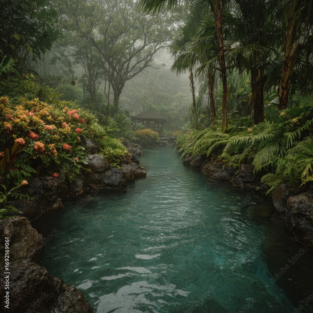 Fototapeta premium Tropical jungle river surrounded by lush greenery.