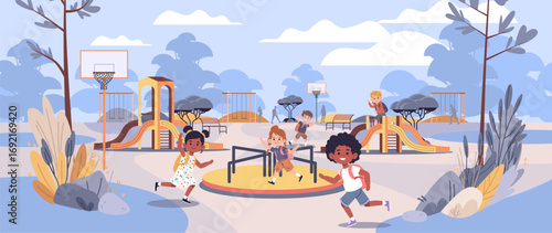 Children playing playground outdoor park slides basketball nature landscape colorful equipment trees bushes cartoon style web banner