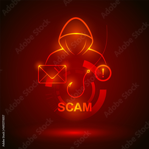 Phishing Email Scam Fraud Vector with Spam Internet Scammer Online Cyber Security