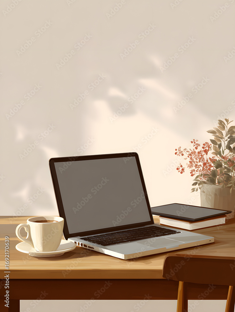 Fototapeta premium Modern laptop and coffee cup on wooden desk in a sunny home workspace