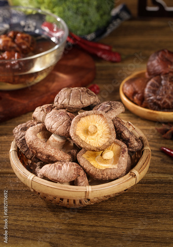 Fresh Shiitake Mushrooms in Bamboo Basket - Traditional Asian Cooking Ingredients Still Life