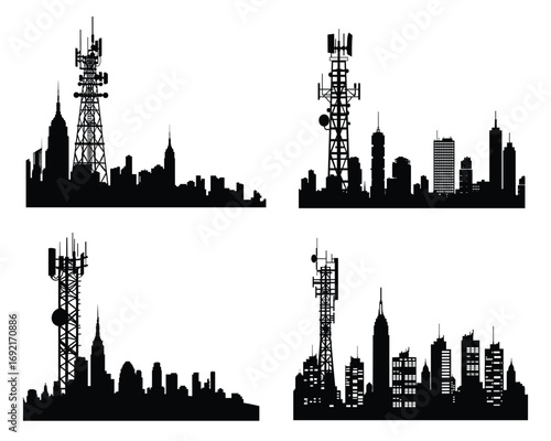 Cell tower and antenna tower silhouette with city skyline, urban telecommunication and network signal tower illustration, communication technology and modern cityscape vector design on white backgroun