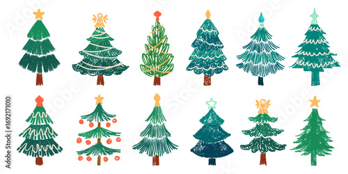 Crayon drawn christmas trees set. Childish winter holiday graphic decorating with wax crayons texture. Grunge pine with stars and ornaments new year vector decor