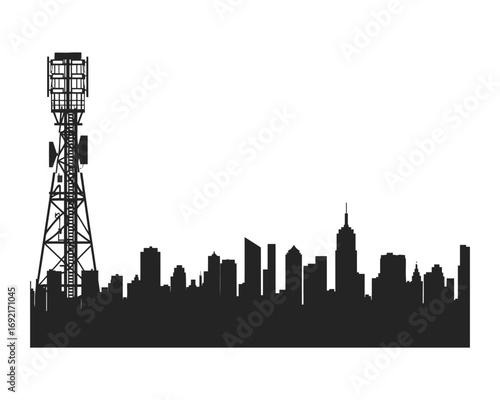 Cell tower and antenna tower silhouette with city skyline, urban telecommunication and network signal tower illustration, communication technology and modern cityscape vector design on white backgroun