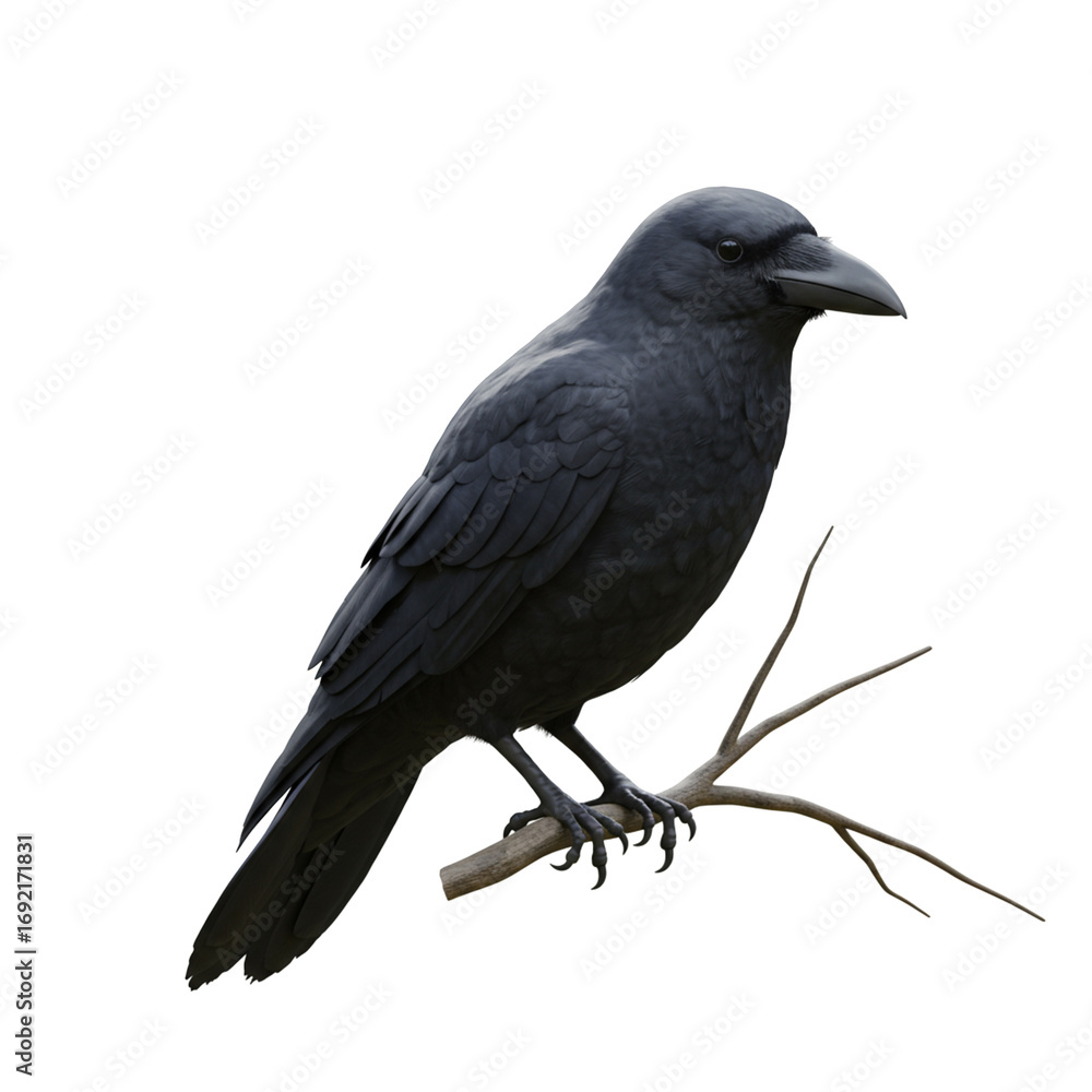 Obraz premium Black crow perched on bare branch with detailed feathers and sharp claws, isolated on transparency background