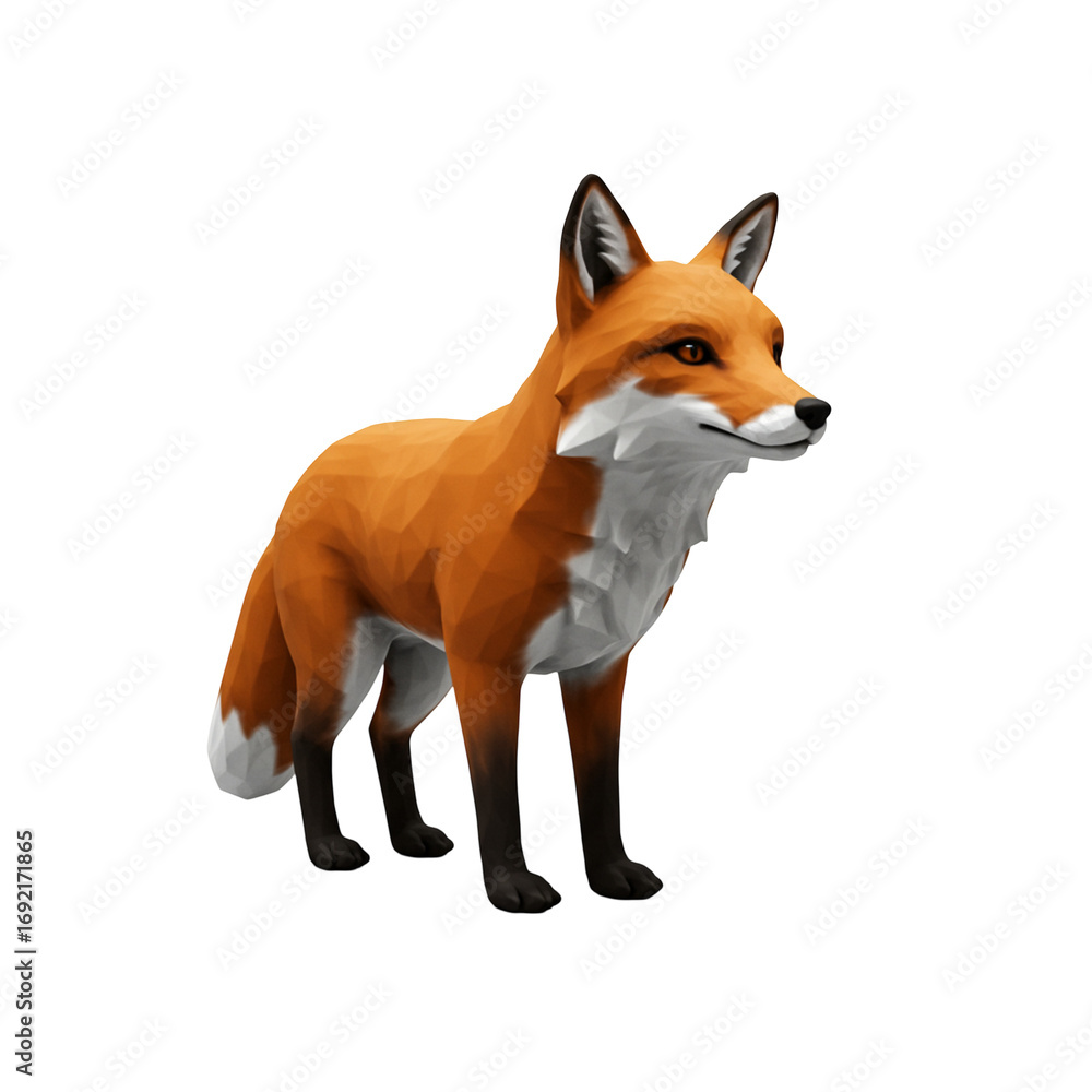 Fototapeta premium Low poly fox standing with orange fur and white chest, showing clever and alert expression