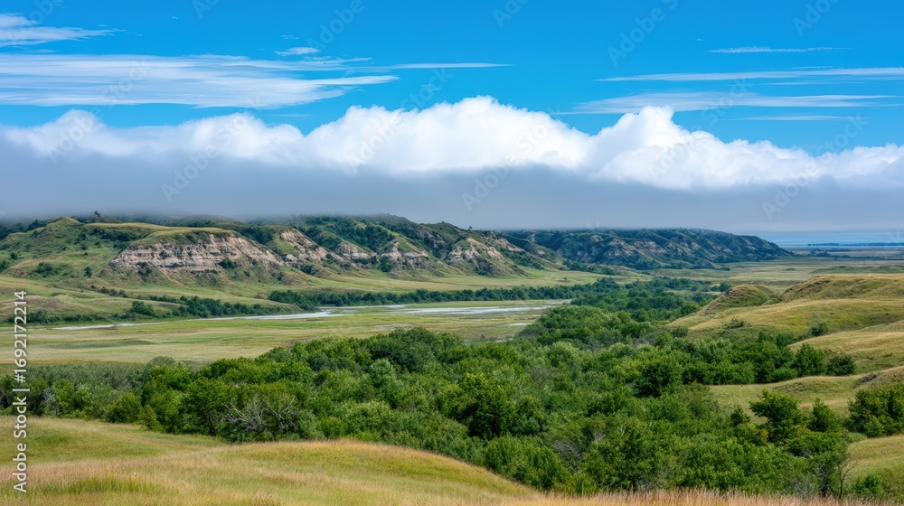Fototapeta premium A misty morning in a rolling prairie, fog lifting over endless green hills, soft sunlight breaking through, peaceful and expansive mood, fine art landscape photography